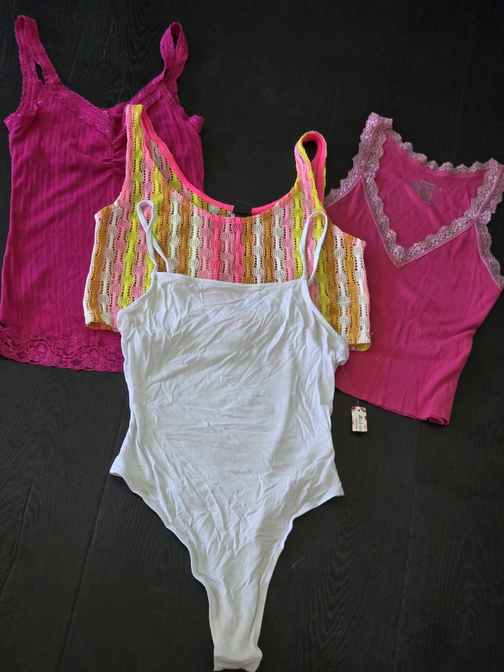 Altar'd State Pink & White Lace-Trim Camisole Set with Multicolor Crochet Tank